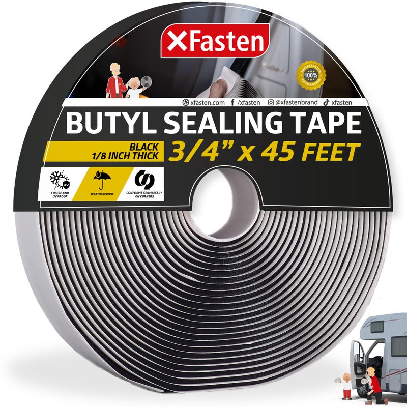 XFasten Butyl Tape RV Black, 3/4 in x 45 Ft, 1/8 in Thick EDPM Rubber Sealant Tape - Roof Patching, Boat Sealing, Leak Proof Butyl Putty Tape - Image 1